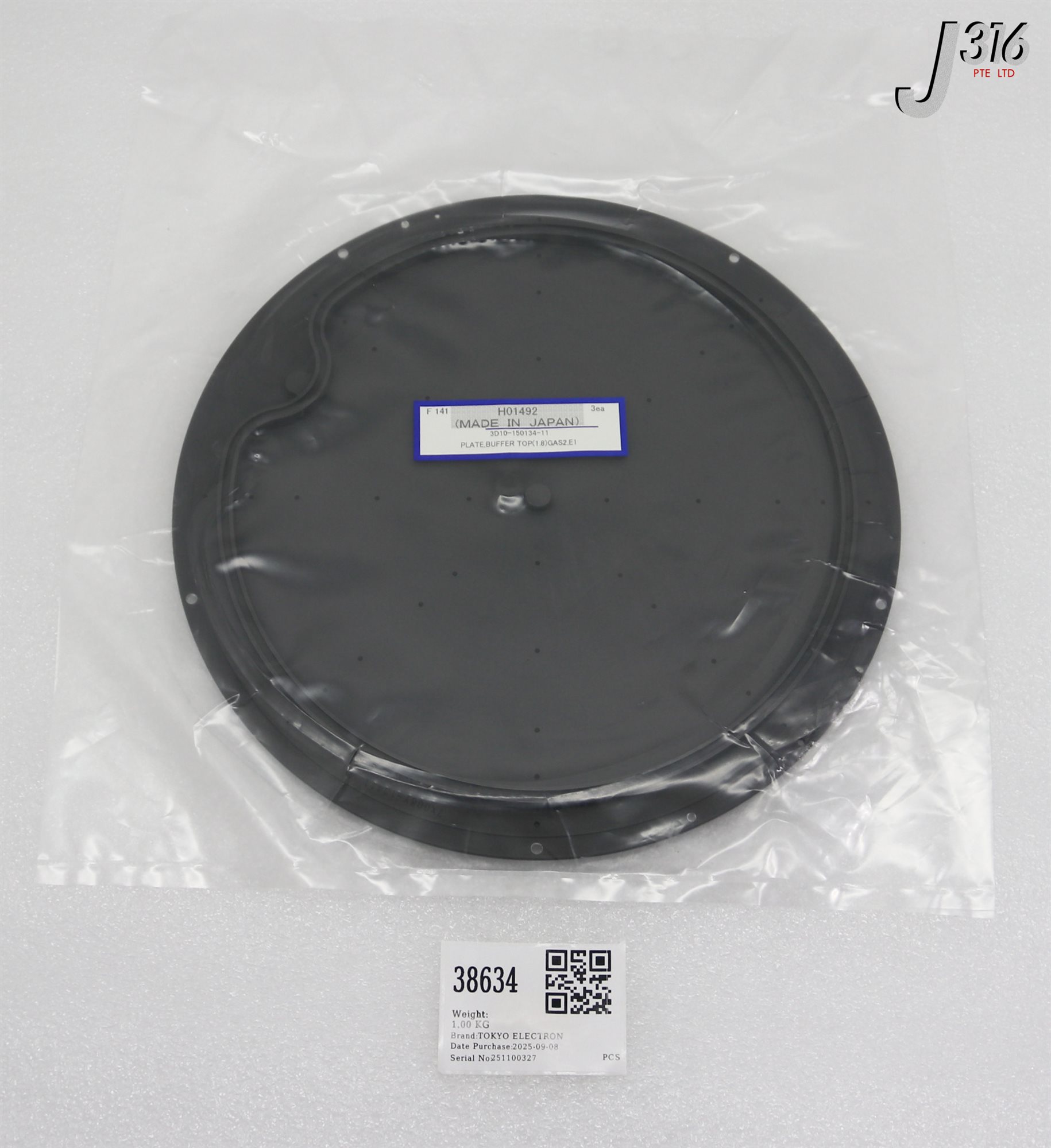 N。 38634 TOKYO ELECTRON PLATE, BUFFER TOP (1.8) GAS2, E1 (NEW) 3D10